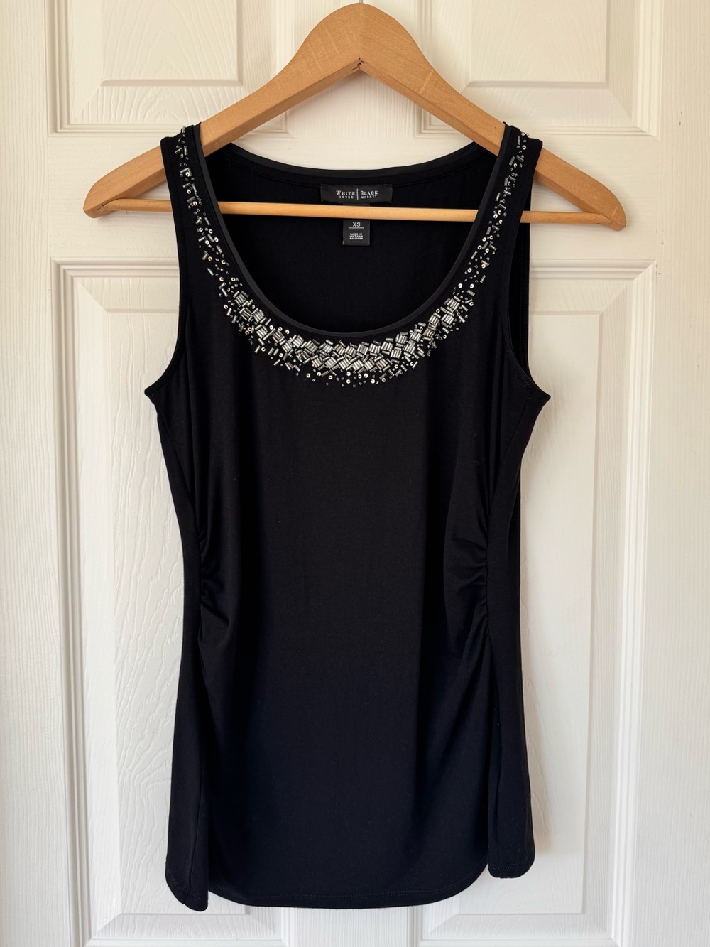 White House Black Market Black Embellished Ruched Tank Top XS